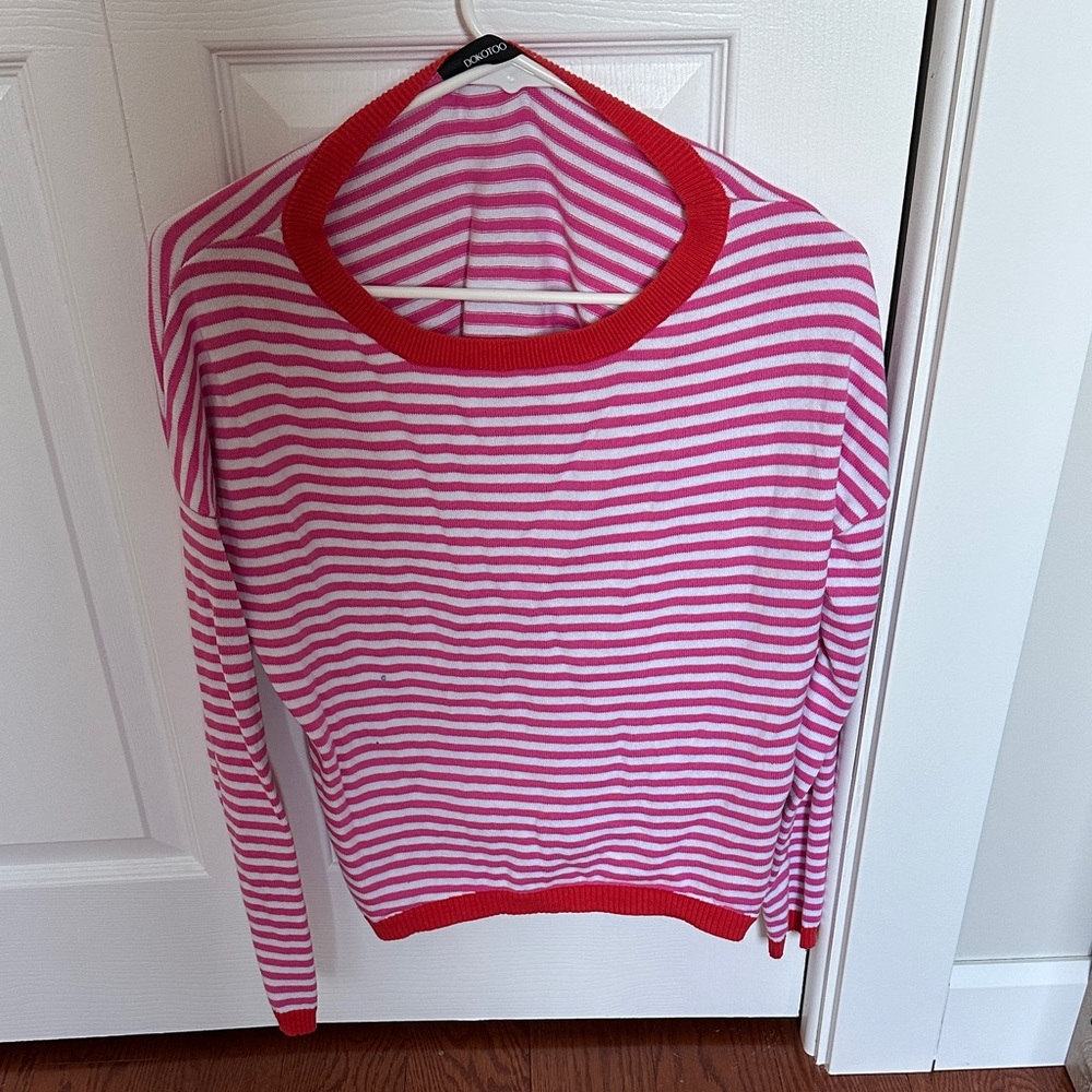 Amazon Women's Red and Pink Striped Top